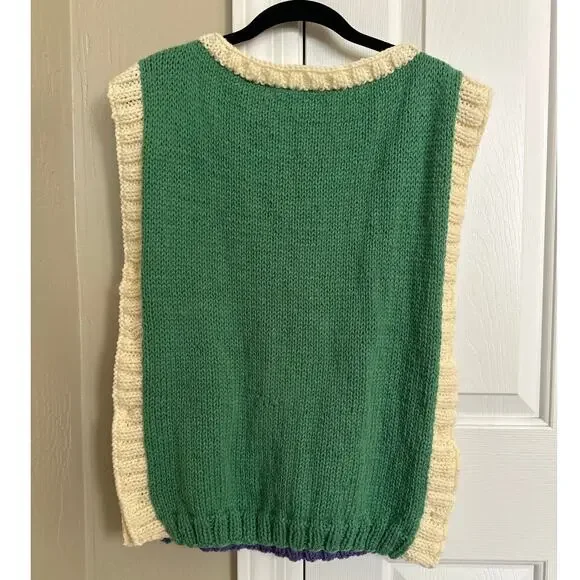 Handmade Colorblock Cable Knit Sweater Vest - Green & Purple Open Side Tabard‎ - Picture 2 of 4